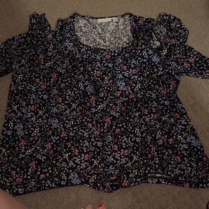 Susan Graver Black Floral Blouse with Blue and Red Accents